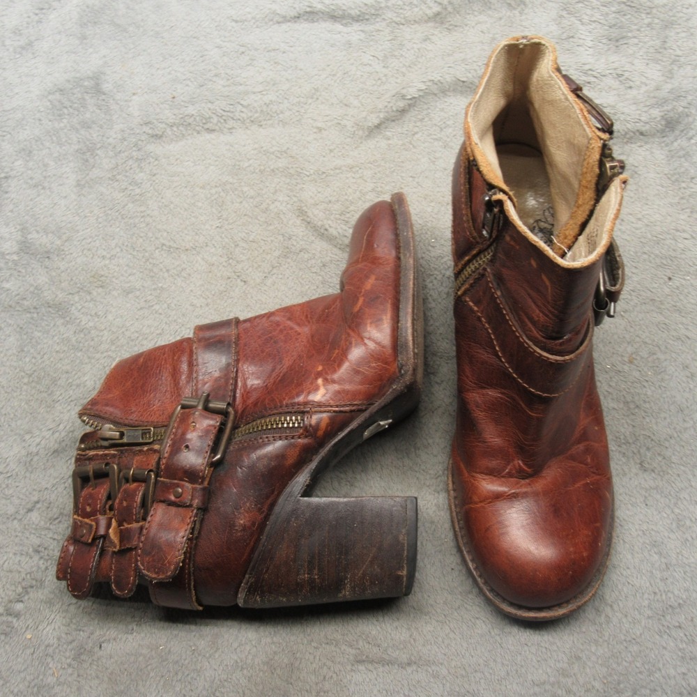 Freebird Bolo Womens Boots 7 Brown Leather Dual Buckle Ankle Zip Heel Platform